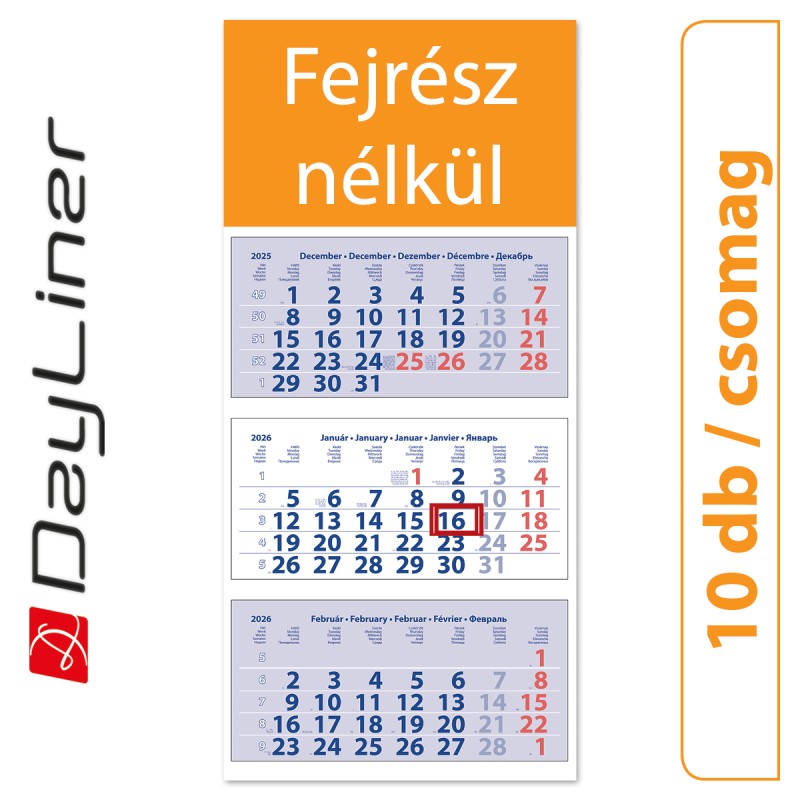 Medium Club, 3 tömbös 3 hónapos speditőr naptár - Fejrész nélkül, 10db/csomag